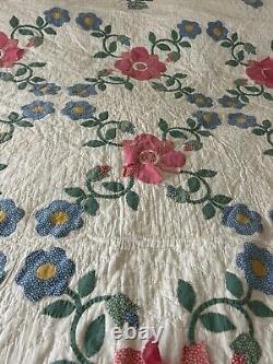 Vintage Antique Quilt Rose of Sharon Appliqué Hand Quilted Stitched Pink Cutter