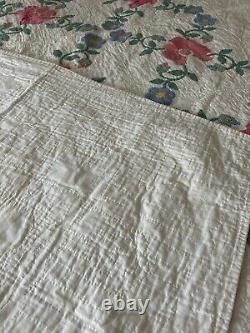 Vintage Antique Quilt Rose of Sharon Appliqué Hand Quilted Stitched Pink Cutter