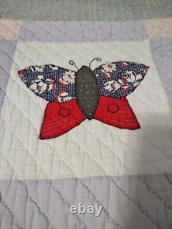 Vintage Applique Butterflies Hand Stitched Quilt 66x77
