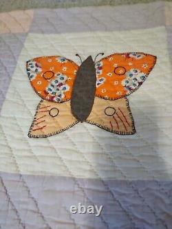 Vintage Applique Butterflies Hand Stitched Quilt 66x77