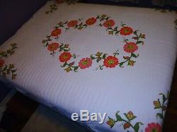 Vintage Applique Poppy Quilt Handmade Pink Yellow & Green Floral Pattern Beauty