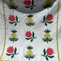 Vintage Applique Quilt Handmade Hand Stitched Pineapple Flower Motif 88x75