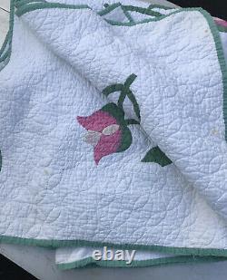 Vintage Applique Quilt Pink Green Flower 71 X 71