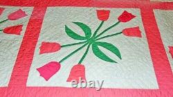 Vintage Applique Tulip Handmade Quilted Cotton Quilt measures 84x84 inches