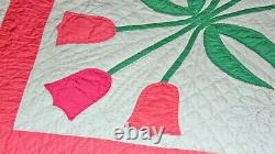 Vintage Applique Tulip Handmade Quilted Cotton Quilt measures 84x84 inches