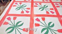 Vintage Applique Tulip Handmade Quilted Cotton Quilt measures 84x84 inches