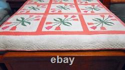 Vintage Applique Tulip Handmade Quilted Cotton Quilt measures 84x84 inches