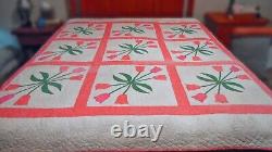 Vintage Applique Tulip Handmade Quilted Cotton Quilt measures 84x84 inches