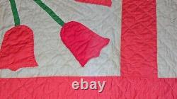 Vintage Applique Tulip Handmade Quilted Cotton Quilt measures 84x84 inches