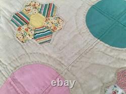 Vintage Appliquéd Hand Stitched Quilt FLOWER GARDEN CIRCLES Pink Green 66x96