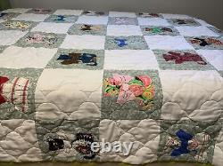 Vintage Appliqued Quilt Cats 76x87 Machine Quilted
