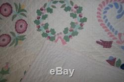 Vintage Arch Handmade Pastel Floral Applique Cotton Quilt 96W X84L FITS KING