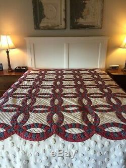Vintage Barn Red & Blue Hand Made Hand Quilted Quilt 78 X 66 5 Star Free Ship