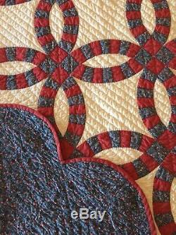 Vintage Barn Red & Blue Hand Made Hand Quilted Quilt 78 X 66 5 Star Free Ship