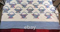 Vintage Basket Quilt Hand Quilting Blue and White 86 x 97 Flowers Beautiful