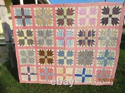 Vintage Bear Claw Feedsack Quilt-PINK-Hand Quilted and Hand Sewn-1930's
