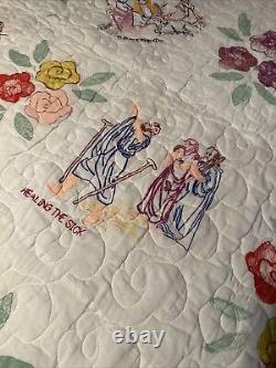 Vintage Biblical Painted Machine Stitched & Quilted 64x84 Very Good Condition