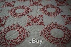 Vintage Bigger Then King Size Embroidered Handmade Quilt Red White 103 by 113