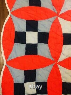 Vintage Blue And Red Patchwork quilt hand Quilted Scalloped Edges 87 X 67
