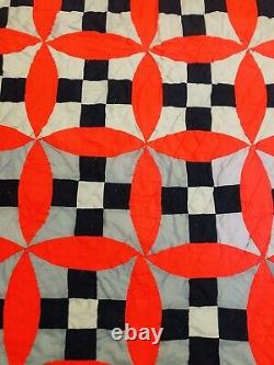 Vintage Blue And Red Patchwork quilt hand Quilted Scalloped Edges 87 X 67