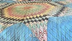 Vintage Blue Lone Star Quilt 80 x 80 Hand Quilted Single Star Old Feedsacks