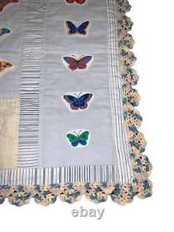 Vintage Butterfly Quilt 54 x 73 Hand Pieced Thread Crochet Trim Stunning