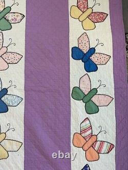 Vintage COLORFUL 1940s Quilted Embroidered Butterfly Quilt 70x80 Lavender Multi