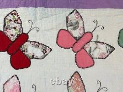 Vintage COLORFUL 1940s Quilted Embroidered Butterfly Quilt 70x80 Lavender Multi