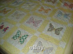 Vintage CUTE Handmade Quilt Butterfly Appliqué EMBROIDERY 72x69 CLEAN (bx12)