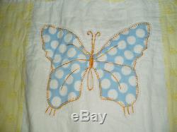 Vintage CUTE Handmade Quilt Butterfly Appliqué EMBROIDERY 72x69 CLEAN (bx12)