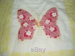 Vintage CUTE Handmade Quilt Butterfly Appliqué EMBROIDERY 72x69 CLEAN (bx12)