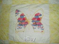 Vintage CUTE Handmade Quilt Butterfly Appliqué EMBROIDERY 72x69 CLEAN (bx12)