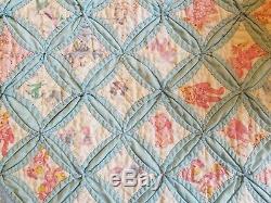Vintage Cathedral Window Baby Crib Wall Nursery Quilt Hand Pieced Handmade Blue