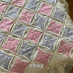 Vintage Cathedral Window Pattern Quilt Pink Ruffle Blue Twin Bedding 75 x 37