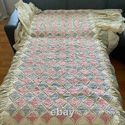 Vintage Cathedral Window Pattern Quilt Pink Ruffle Blue Twin Bedding 75 x 37