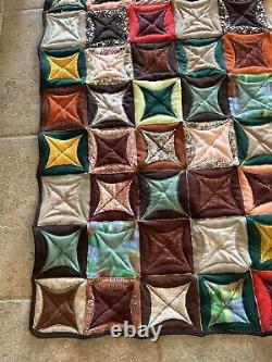 Vintage Cathedral Window quilt machine stitched 95x112 King assorted fabrics