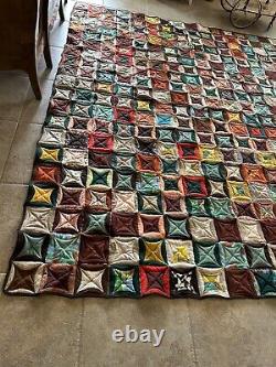 Vintage Cathedral Window quilt machine stitched 95x112 King assorted fabrics