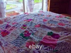 Vintage Chenille Bedspread Patchwork Quilt Pink & Purple
