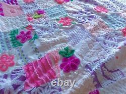 Vintage Chenille Bedspread Patchwork Quilt Pink & Purple