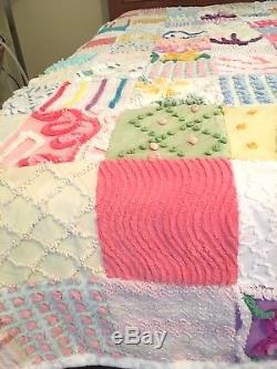 Vintage Chenille Bedspread/Quilthandmadeso many flowersKing/Queen92 x 82