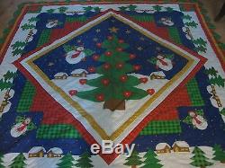 Vintage Christmas Quilt Handmade Large Patchwork Snowman Angels Cottage Coverlet