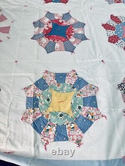 Vintage Colorful Handmade Thin Wheel Block Quilt 76x89. Multicolor Cottage