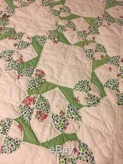 Vintage Cotton Hand Made/Hand Sewn Quilt Green White And Pinks