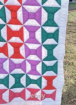 Vintage Cotton Handmade Bow Colorful Tie Quilt, Approx 66 x 72, EUC for age