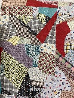 Vintage Crazy Patchwork Handmade Quilt Blanket Comforter Queen Bed 84x67 Red