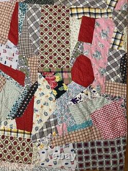 Vintage Crazy Patchwork Handmade Quilt Blanket Comforter Queen Bed 84x67 Red