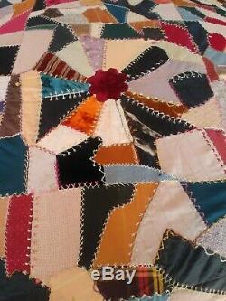 Vintage Crazy Quilt Hand Made Lots of Embroidery Heirloom Tapestry 70 x 76
