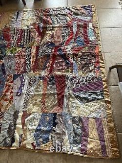 Vintage Crazy Silk Quilt With Silk Back Granny Cottage Core 69x85 READ