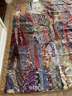 Vintage Crazy Silk Quilt With Silk Back Granny Cottage Core 69x85 READ