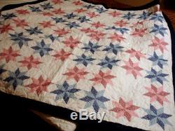 Vintage Cross Stitch Quilt Star Pattern Blue and Pink Handmade 82x98 Inches